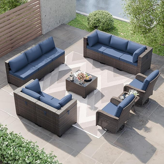 Kurapika 12 Pieces Patio Furniture Set, Rattan Wicker Sofa Set, Outdoor Conversation Sets w/Swivel Rocking Chairs Patio Sectional Sofa w/4 Inch Cushion, Navy Blue