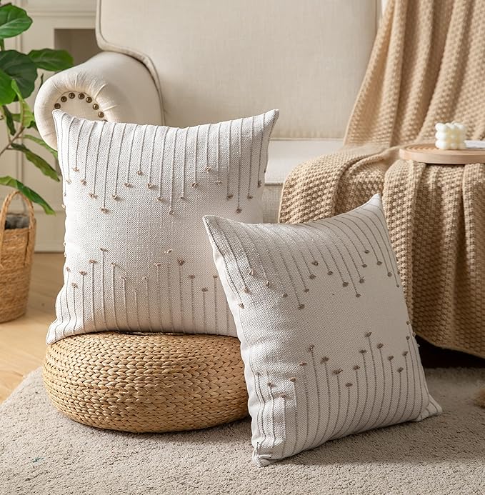 Boho Throw Pillow Covers 24x24 Set of 2 Decorative Pillows for Bed, Neutral Pillow Covers Beige with Tan Line Throw Pillows for Modern Farmhouse Couch Sofa Living Room Outdoor