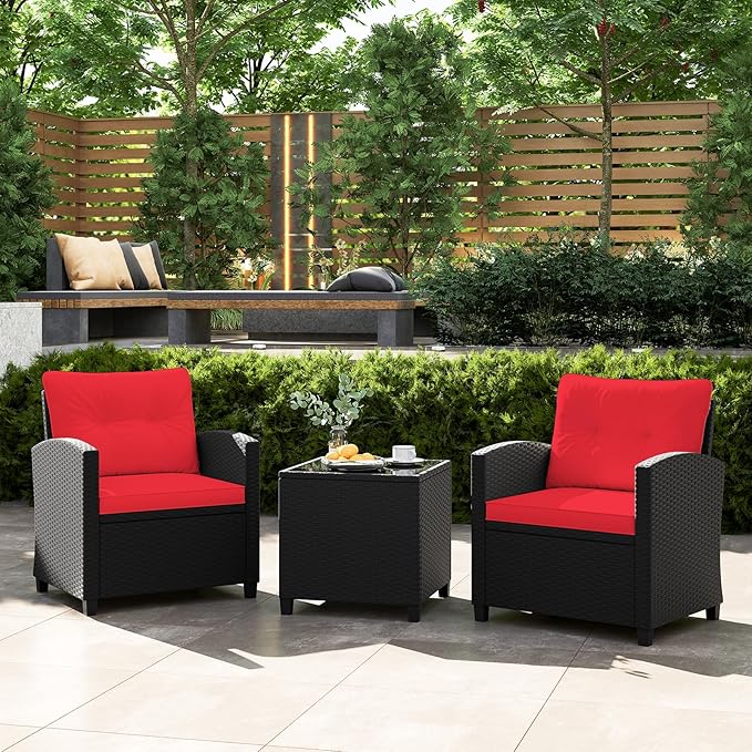 Tangkula 3 Pieces Patio Furniture Set, Rattan Conversation Set w/Soft Seat & Back Cushions, Tempered Glass Topped Coffee Table, Cushioned Wicker Seating for Backyard, Porch, Poolside (Red)