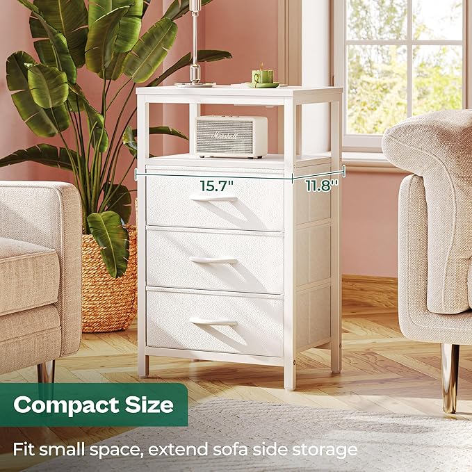 Huuger Nightstand with Charging Station, 27.6 Inch Side Table with Drawers, PU Leather Finish, End Table Bedside Table with USB Ports and Outlets, Night Stand for Bedroom, White