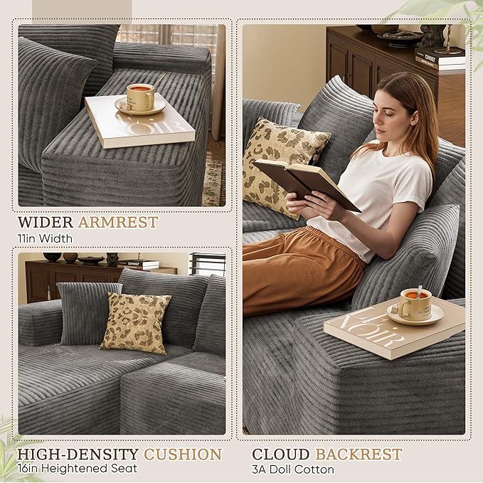 YESHOMY Sectional Couch, 108" Boneless Couches for Living Room, Modular Sectional Sofa with Deep Seat, Cloud Comfy Couch with L-Shape Chaise, No Assembly Required (Corduroy, Gray)