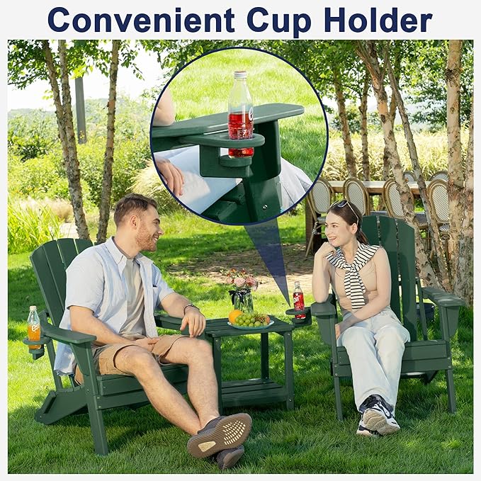 Plawdlik Folding Adirondack Chair, SGS Tested, Wooden Textured with Cup Holder, Heavy All-Weather HDPE Comfortable Set Poolside Backyard Lawn Green Set 2