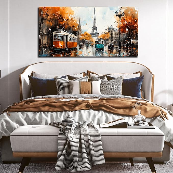 Eiffel Tower Wall Art - Living Room Pictures for Wall - Modern Art Wall Decor Ready to Hang Size 29" x 59"