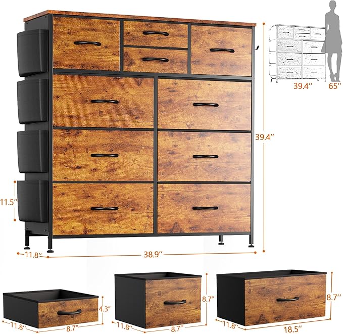 10 Drawer Dresser, Chest of Drawers for Bedroom, Fabric Dresser Drawers with Side Pockets, Hooks, Wooden Top and Sturdy Metal Frame for Living Room, Closet, Hallway (Brown)