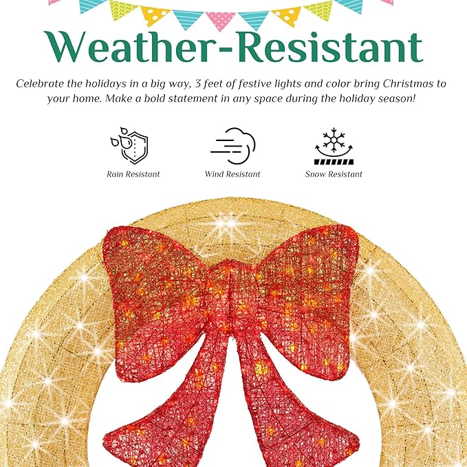 Sweetcrispy 36in Pre-Lit Christmas Wreath, LED Lighted Holiday Outdoor Decoration with Bow for Door, Mantel, Wall, Windows, Front Door Decor, Gold Wreath - Red Bow