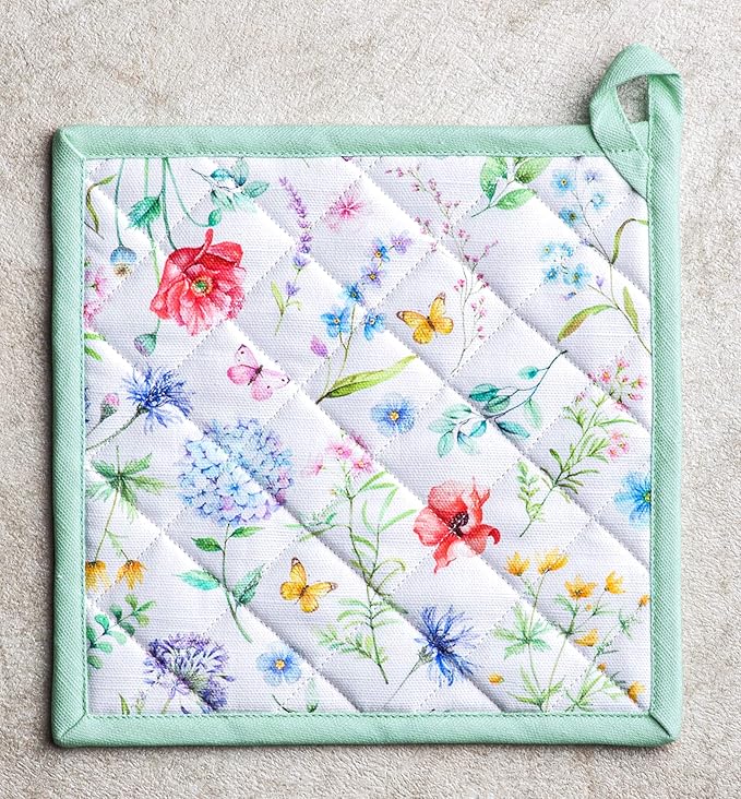 Maison d' Hermine 100% Cotton Oven Mitt & Pot Holder Set (7.5"x13" & 8"x8") Heat Resistant BBQ Cooking Gloves with Loop, Baking, Grilling, Kitchen, Handling Hot Pans Spring/Summer (Just Floral)