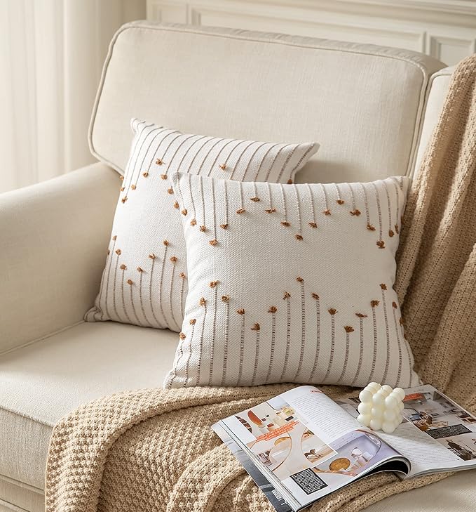 Caflife Boho Throw Pillow Covers 20x20 Set of 2 Decorative Pillows for Bed, Neutral Pillow Covers Beige with Brown Line Throw Pillows for Modern Farmhouse Couch Sofa Living Room Outdoor