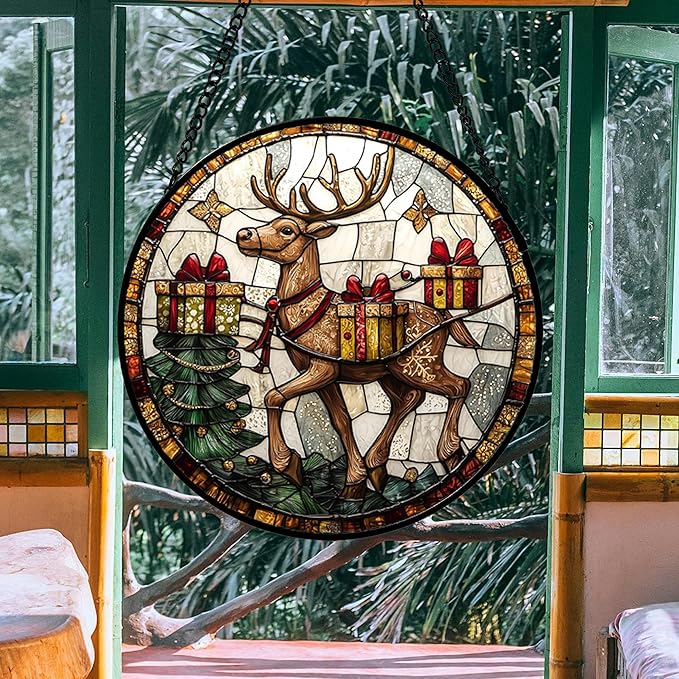Stained Glass Window Hanging, Christmas Tree Elk Sun Catchers Colorful Glass Panel Retro Suncatcher Decor for Birthday for Women, Men, Wife, Aunt, and Mom 15x15 in