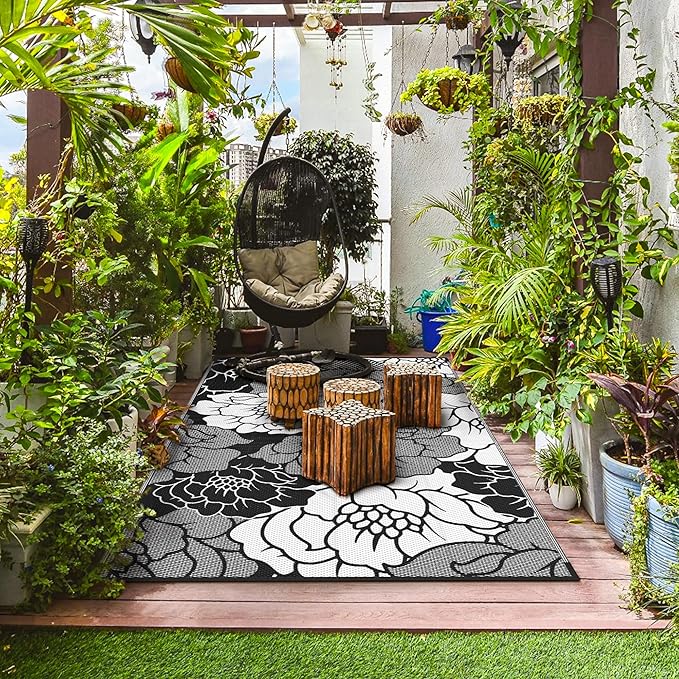 GENIMO Outdoor Rug Waterproof for Patio Decor, 5' x 8' Reversible Plastic Straw Floral Camping Carpet, Large Area Rugs Mats for RV, Camper, Deck, Balcony, Porch, Beach, Picnic, Mix-Black & White