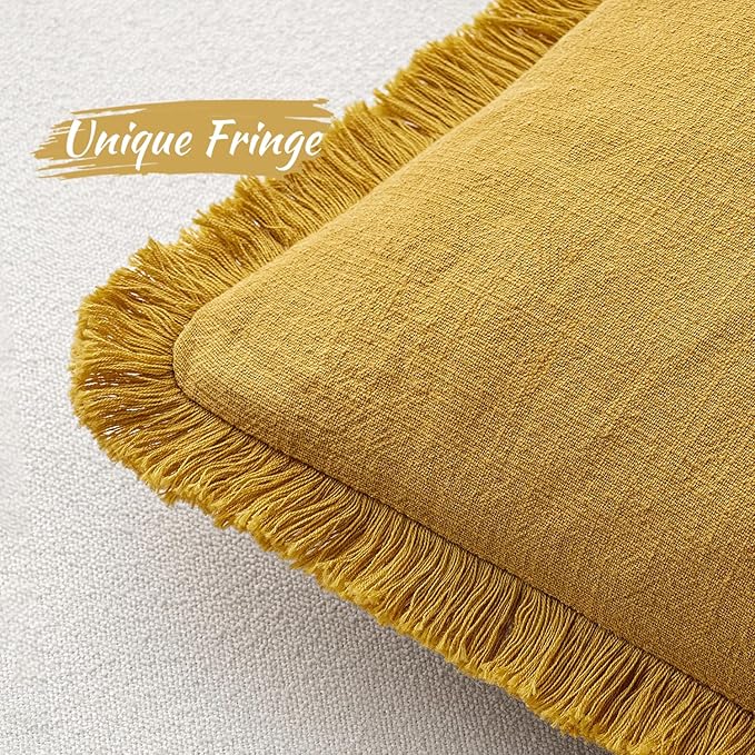 MIULEE Decorative Throw Pillow Covers Neutral Linen Fringe Throw Pillows Set of 2 Mustard Yellow Boho Farmhouse Cushion Covers with Tassels for Couch Sofa Bed Living Room Spring Home Decor 18x18 Inch