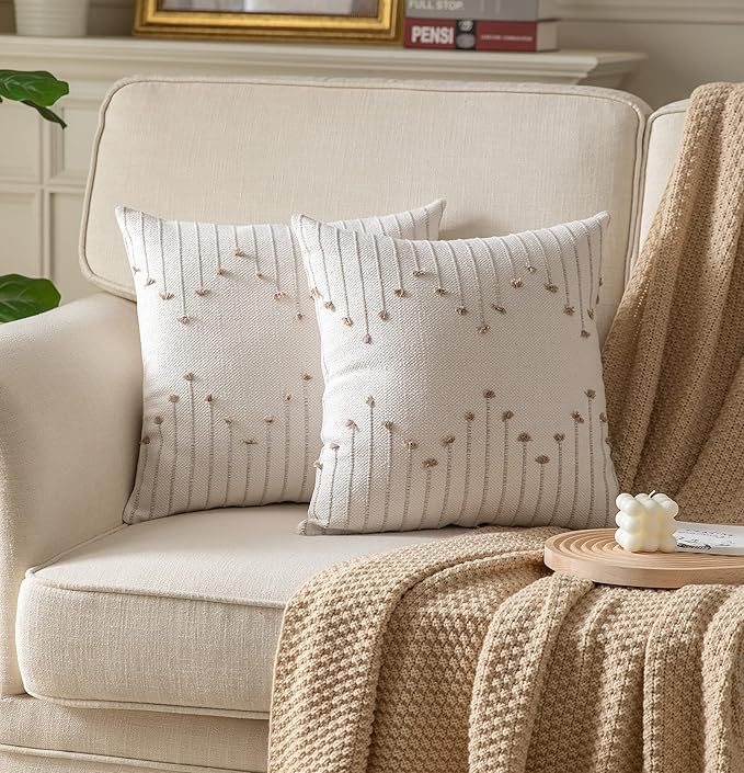 Boho Throw Pillow Covers 20x20 Set of 2 Decorative Pillows for Bed, Neutral Pillow Covers Beige with Tan Line Throw Pillows for Modern Farmhouse Couch Sofa Living Room Outdoor
