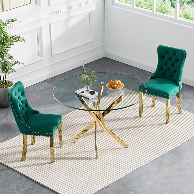 Goujxcy 3 Piece Round Glass Dining Table Set for 2, 36" Round Dining Table & Chair Set Modern Circle Glass Kitchen Table and 2 Velvet Upholstered Chairs for Kitchen Dining (Gold Table & Green Chair)