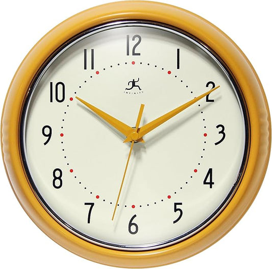 Infinity Instruments Retro 9 inch Silent Sweep Non-Ticking Mid Century Modern Kitchen Diner Wall Clock Quartz Movement Retro Wall Clock Decorative (Saffron Yellow)