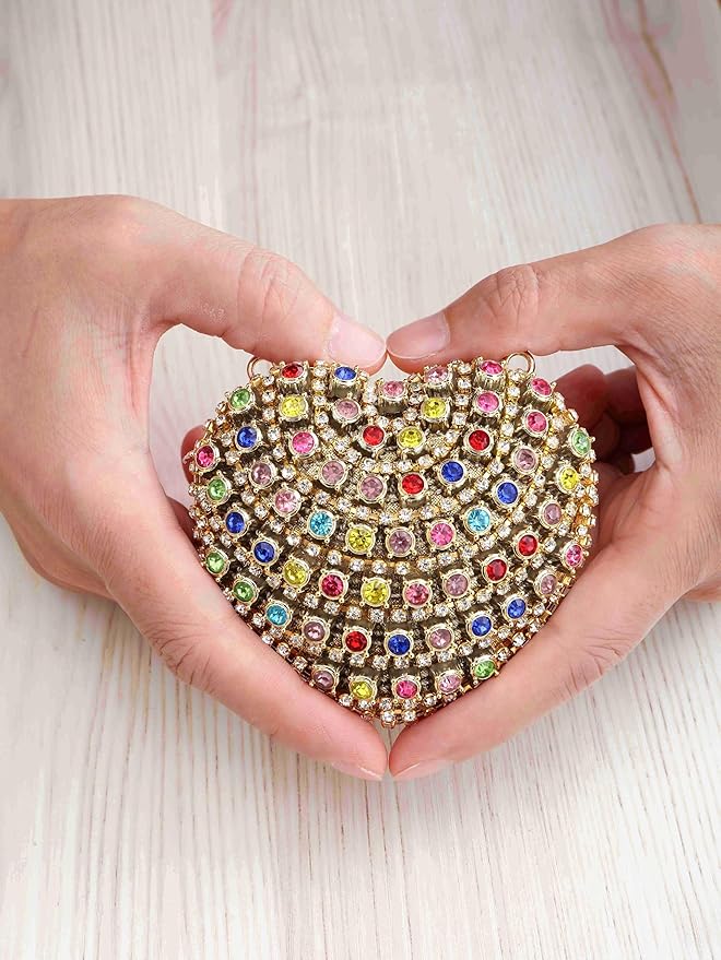 Ayliss Jewelry Trinket Box Heart Shaped Rhinestones Love Jewelry Gift Box Storage Organizer Ring/Earrings/Necklace Women Evening Clutch Rhinestone Purses (Gold)