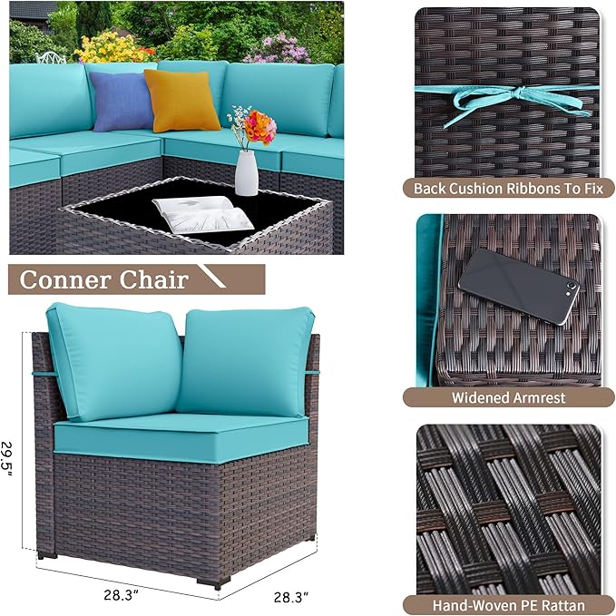 Kurapika 10 Pieces Patio Furniture Set, Rattan Wicker Outdoor Conversation Sets w/43in Propane Fire Pit Table, Swivel Rocking Chairs Patio Sectional Sofa w/4 Inch Cushion, Blue