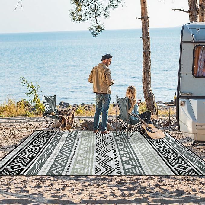 Lahome Outdoor Plastic Straw Rug, Reversible Outdoor Rug Waterproof 9x12 Rugs for Patio, RV Camping Rug Picnic Mat Outside Large Carpet for Beach Deck Backyard Balcony(Grey/Black,9'x 12')