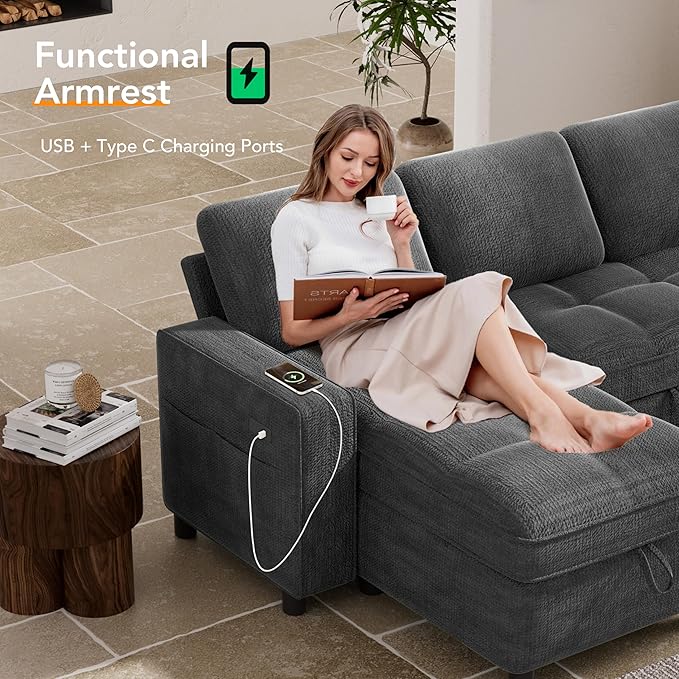 Vipbear Sleeper Sectional Sofa, 105" U Shaped Couch with Pull Out Bed, Convertible Chenille Cloud Sofa with Reclining Backrest | Double Storage Chaise | USB Ports | Tool-Free Assembly | Grey