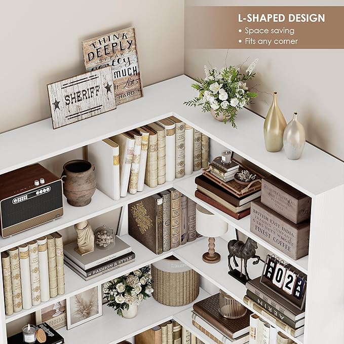 75" Corner Bookshelf, 6-Tier Modern Bookshelf and Bookcase, Tall Bookcase Open Display Storage, L Shaped Corner Shelf for Library, Living Room, Home Office, White
