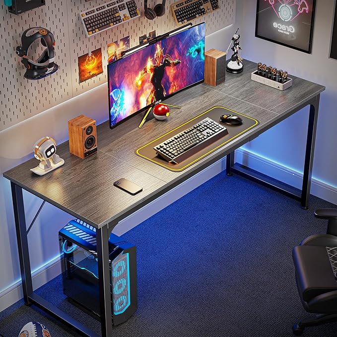 Huuger Computer Gaming Desk, 63 Inch Office Desk With Storage, Writing Work Surface for Home Office, Study, Modern Simple Style, Large Legroom, Metal Frame, Grey