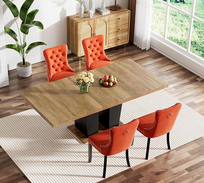 Goujxcy 5-Piece Extendable Dining Table Set for 4-8 People 63-78 Inch Kitchen Table Set with 4 Velvet Upholstered Chairs Farmhouse Rectangular Dining Room Table Set for Kitchen Dining Room Apartment