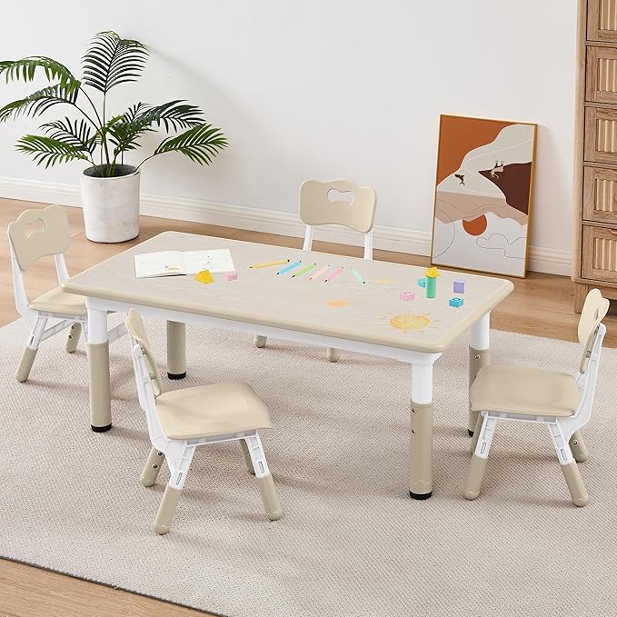 Adjustable Kids Table Chairs Set – Graffiti Desktop, Multi-Activity Height-Adjustable Toddler Study Desk for Ages 3-8 – Ideal for Home, Classroom, Daycare (W-Wood, 4 Chairs-47.2" L x 23.6" W)