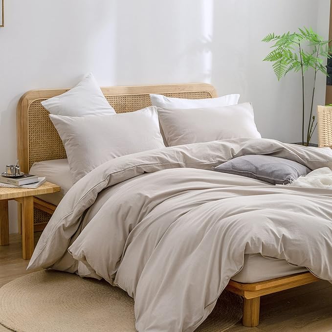 BESTOUCH Duvet Cover Set 100% Washed Cotton Linen Feel Super Soft Comfortable Chic Lightweight 3 PCs Home Bedding Set Solid Linen Grey Super King