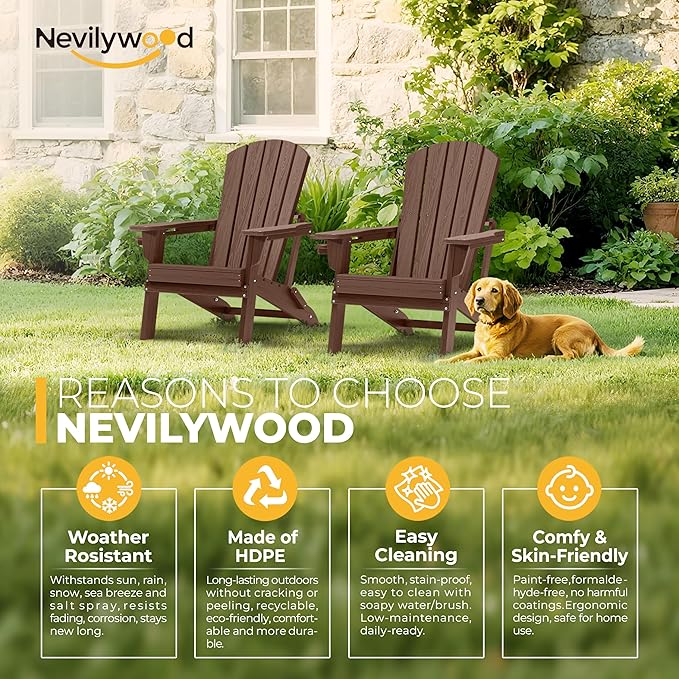 nevilywood Folding Adirondack Chair with Cup Holder Set of 4, HDPE Patio Chairs,All-Weather Outdoor Chairs for Backyard, Deck,Fire Pit-Coffee