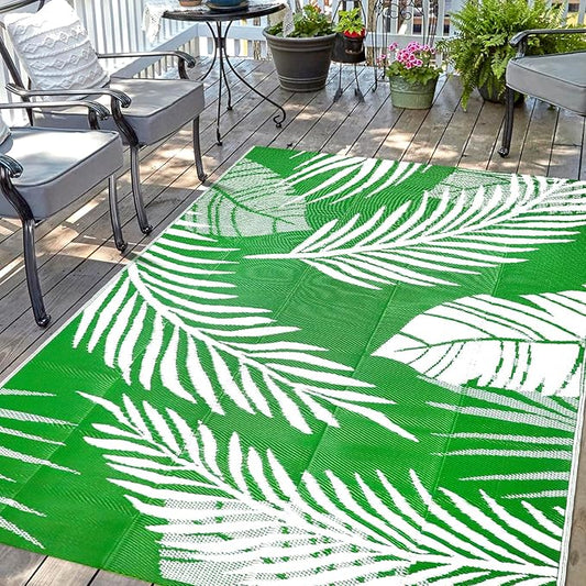 Waterproof Outdoor Rug 5x8ft, Green Leaf Reversible Plastic Straw Mat for Patio RV Deck Porch Backyard Balcony Camping Picnic Beach Indoor Outdoor Carpet, Green&White