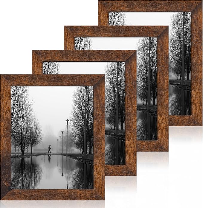 8x10 Picture Frame Set of 4, High Definition Glass 8 x 10 Frame, Wood Rustic Photo Frames for Horizontal or Vertical Display Tabletop and Wall Mounting, Dark Brown