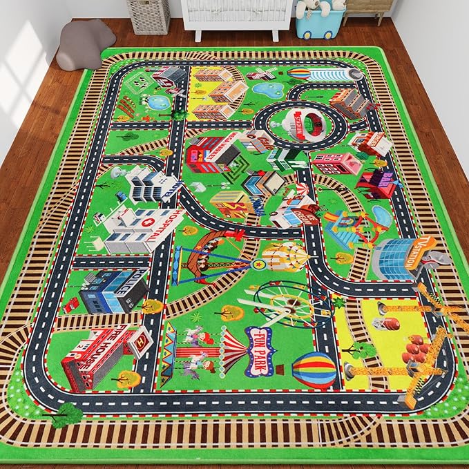 Kids Rug Play Mat for Toy Cars 3D City Life Road Traffic 59"×78.7" for Playroom Kids Car Road Rugs City Map Play Mat Non-Slip Washable Educational Car Rug for Toddler Boy Tummy Time Playtime