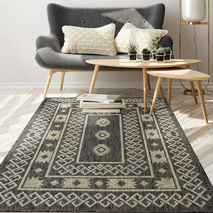 Antep Rugs Patio 6x9 Outdoor/Indoor Southwest Aztec Native Area Rug (Gray, 6'7" x 9')