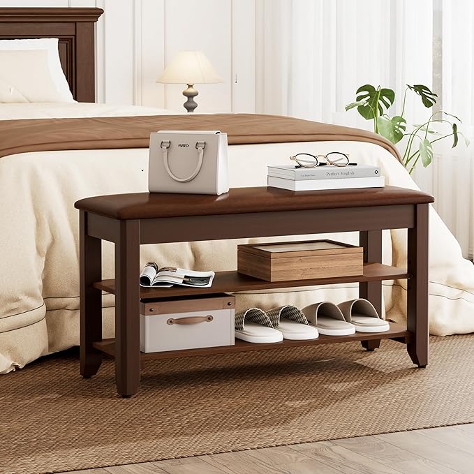 Shoe Rack Bench with Flip-Top Storage, Solid Wood Entryway Bench with Cushion, Adjustable Shelf, for Hallway, Mudroom, Closet – Walnut, 31.5"