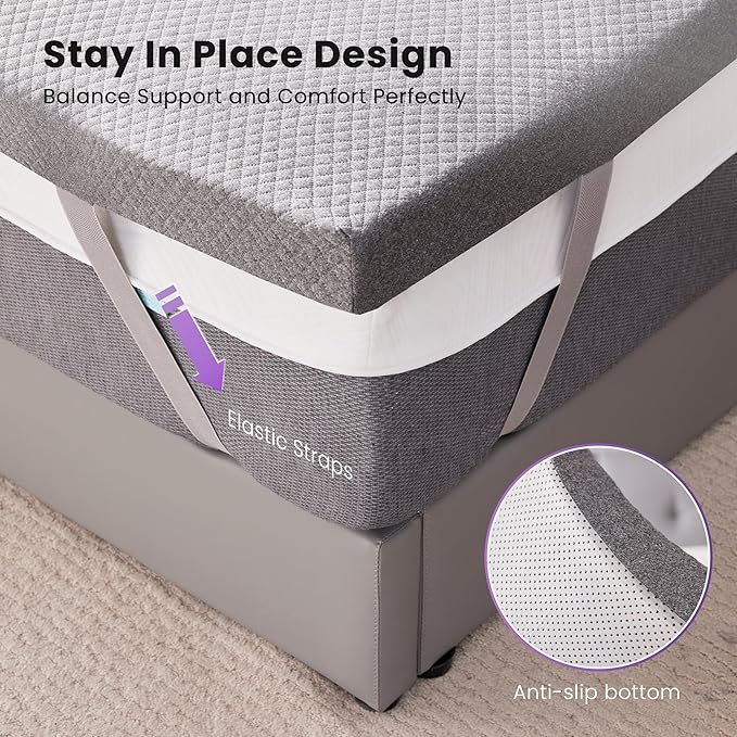 SINWEEK 2 Inch Gel Memory Foam Mattress Topper Full Size, Pad for Back Pain, Bed Topper with Removable Soft Cover, CertiPUR-US Certified,Grey