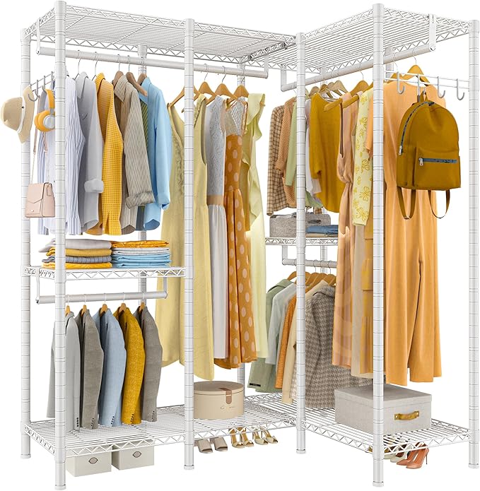Raybee Clothes Rack Heavy Duty Clothing Racks for Hanging Clothes Loads 1100LBS, Garment Rack Freestanding for Bedroom, 75" H x 75" W x 15.7" D, White