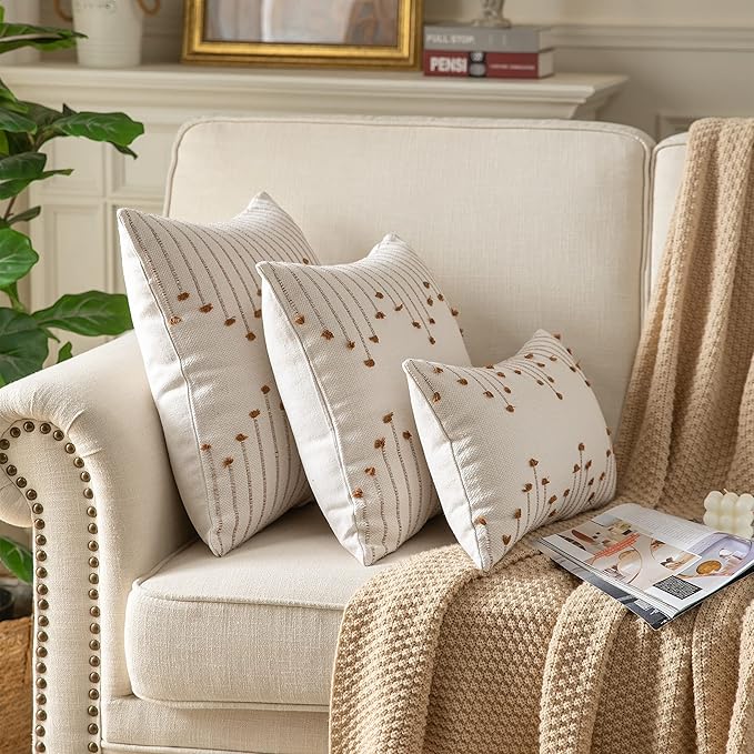 Caflife Boho Throw Pillow Covers 12x20 Set of 2 Decorative Pillows for Bed, Neutral Pillow Covers Beige with Brown Line Throw Pillows for Modern Farmhouse Couch Sofa Living Room Outdoor