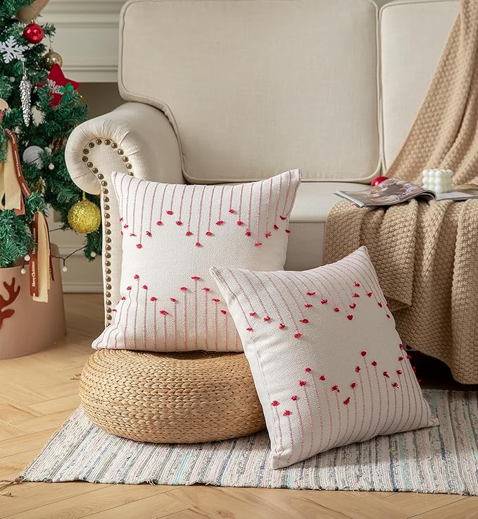 Caflife Boho Christmas Throw Pillow Covers 20x20 Set of 2, Holiday Christmas Decorative Pillow Covers Beige with Red Line for Modern Farmhouse Couch Sofa Bedroom Living Room Outdoor