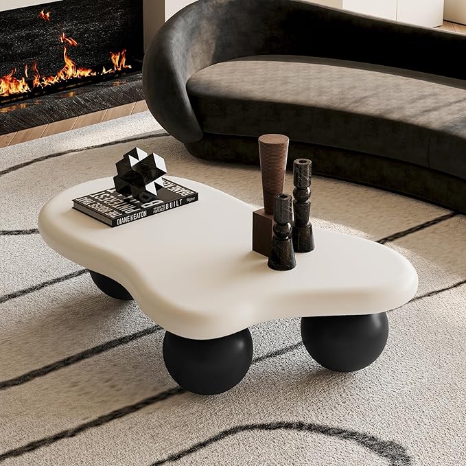 40 Inch Cloud Shaped Coffee Table with 3 Ball Legs for Living Room White Top Black Legs