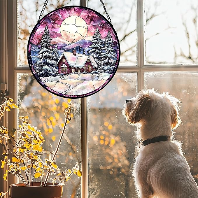 Stained Glass Window Hanging - Winter Snow Scene Cabin Moon Sun Catcher for Door Garden Home Decor Pine Tree Suncatcher Christmas Mother's Day Birthday Gifts for Women Men Mom Nana 11.8 in