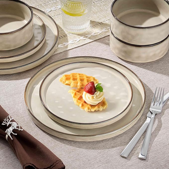 Herogo Plates and Bowls Dinnerware Sets for 8, 24 Pieces Stoneware Dishes Sets, Dinning Dishes for Kitchen, Dishwasher & Microwave Safe, Cream Khaki