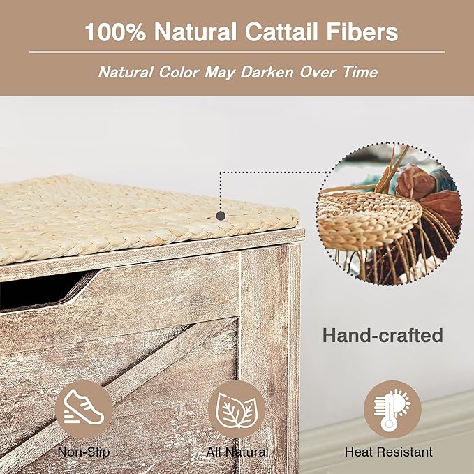 VECELO 30" Farmhouse Style Storage Bench, Entryway Shoe Ottoman, with Handwoven Cushion, with Metal Safety Hinges, for Bedroom, Living Room, Entryway, Light Wood