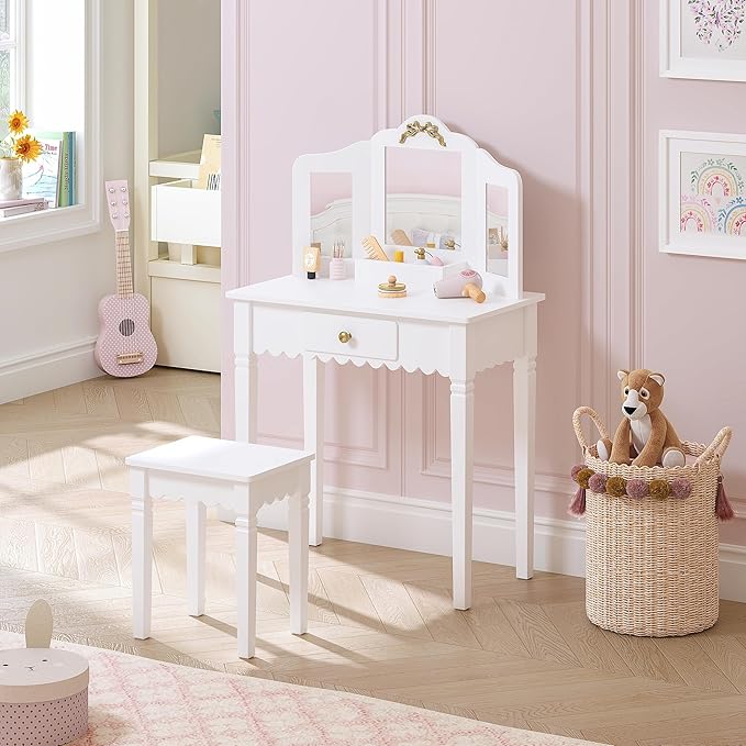 Spirich Pretend Play Kids Vanity Set with Mirror and Stool, Kids Make Up Vanity Desk for Little Girls, Children Makeup Dressing Table with Drawer