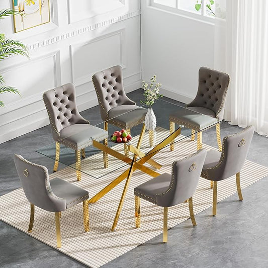 Goujxcy 7 Piece Glass Dining Table Set Modern Glass Dining Table Set for 6, 61" Rectangular Gold Kitchen Table and 6 Velvet Upholstered Chairs, Gold Table & Gray Chair