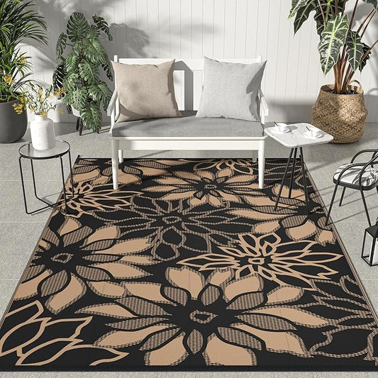 GENIMO Outdoor Rug Waterproof for Patio Decor, 8' x 10' Reversible Plastic Straw Floral Camping Carpet, Large Area Rugs Mats for RV, Camper, Deck, Balcony, Porch, Beach, Picnic, Black & Brown