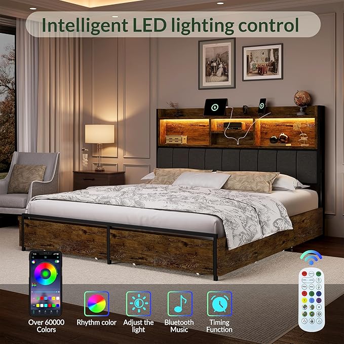 LARMACE Queen Bed Frame with 6 Storage Drawers, Bed Frame Queen Size with Linen Upholstered Headboard, Built in Charging Station and LED, No Noise, Metal Support, No Box Spring Needed,Vintage Brown