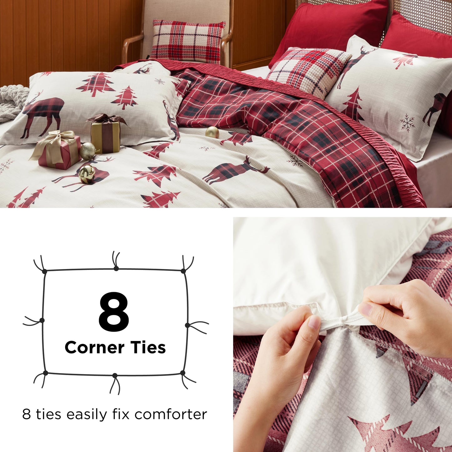 Bedsure Twin Size Christmas Duvet Cover Set - Festive Kids Bedding Set with a Reversible Buffalo Check Christmas Plaid Design, Includes 1 Duvet Cover and 1 Pillow Sham (Twin, Reindeer)
