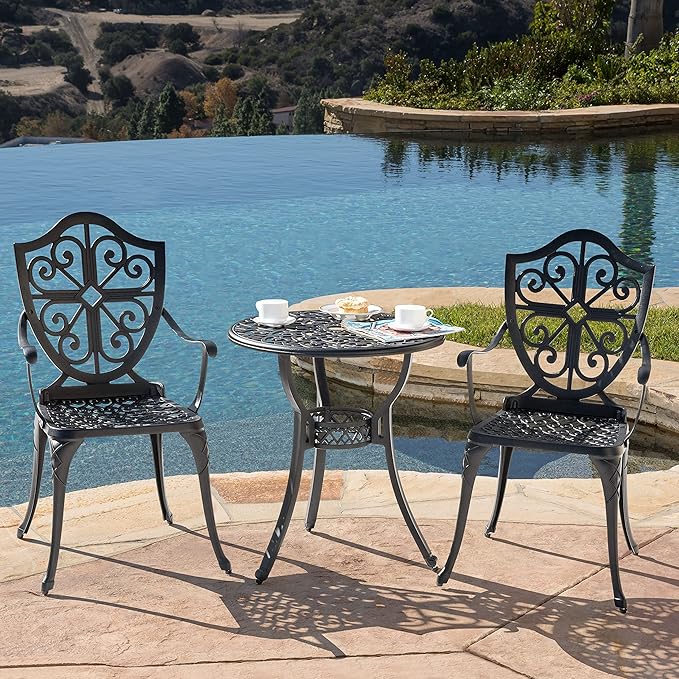 NUU GARDEN 3-Piece Outdoor Bistro Set, Round 24 Inch Cast Aluminum Bistro Table with 2.17" Umbrella Hole and 2 Cast Aluminum Bistro Chairs, for Patio, Garden, Backyard and Balcony, Black
