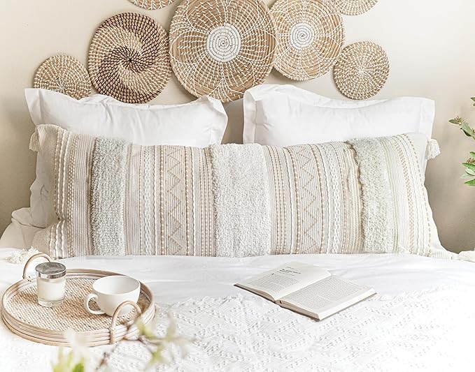 Large Body Pillow Cover for Bed 20x54 Boho Accent Oversized Long Pillowcase for Bedroom Neutral White Decorative Cushion Farmhouse Home Décor (Cover ONLY, Pack of 1)