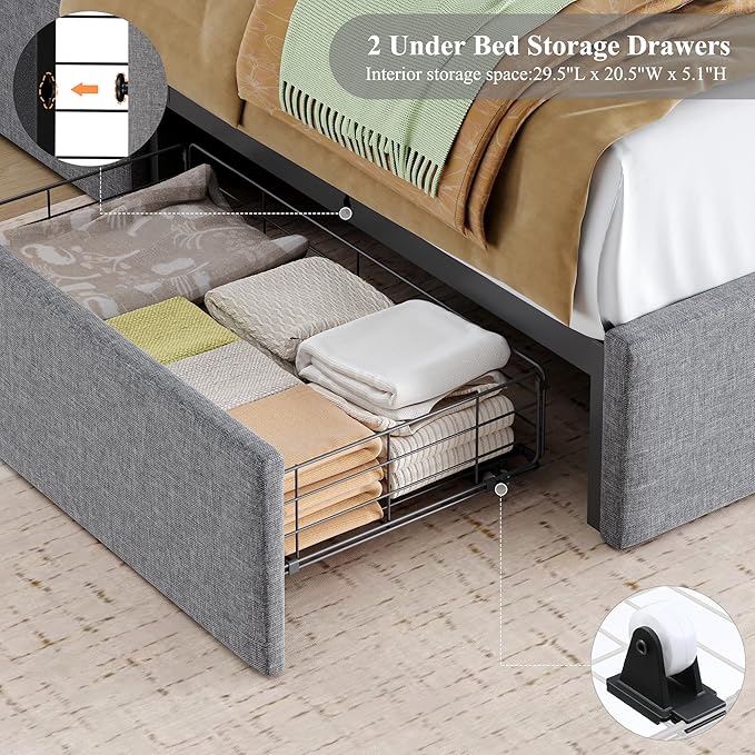 HOSTACK Twin LED Bed Frame with Storage Headboard and Charging Station, Boys Bed Frame with 2 Drawers and USB Ports, Velvet Upholstered Platform Bed Frame with Bookcase, No Box Spring Needed, Grey