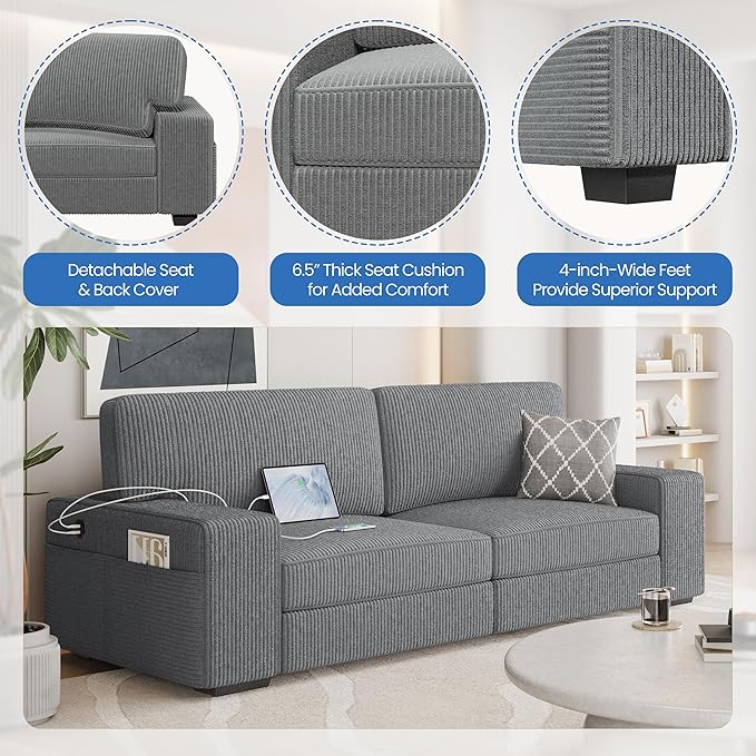 Yaheetech 83.5" W Modern Sofa Couch Corduroy Fabric Sofa with Detachable Cover, USB Charging Ports & Side Storage Pockets for Living Room Apartment, Dark Gray