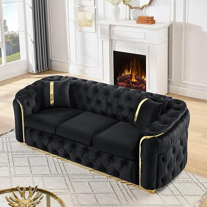 KEIKI 91" Luxury Oversized Velvet Chesterfield Sofa with Gold Stainless Steel Accents and 2 Pillows, Mid-Century Style 3-Seater Button Tufted Couch, Easy Assembly, for Apartment, Living Room, Black